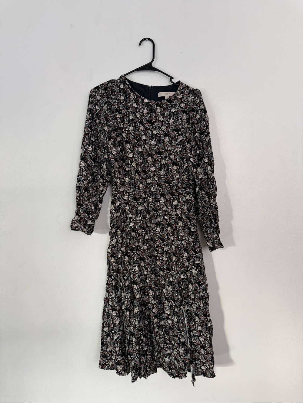 LOFT Black Floral Long-Sleeve Tiered Midi Dress